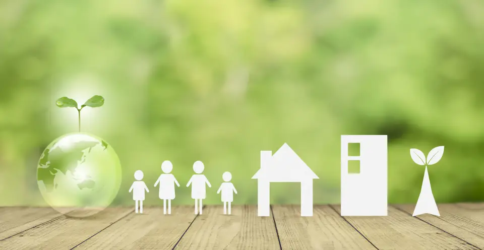 自然を背景に、人々の生活を表すピクトグラムとクリアな地球のイラスト